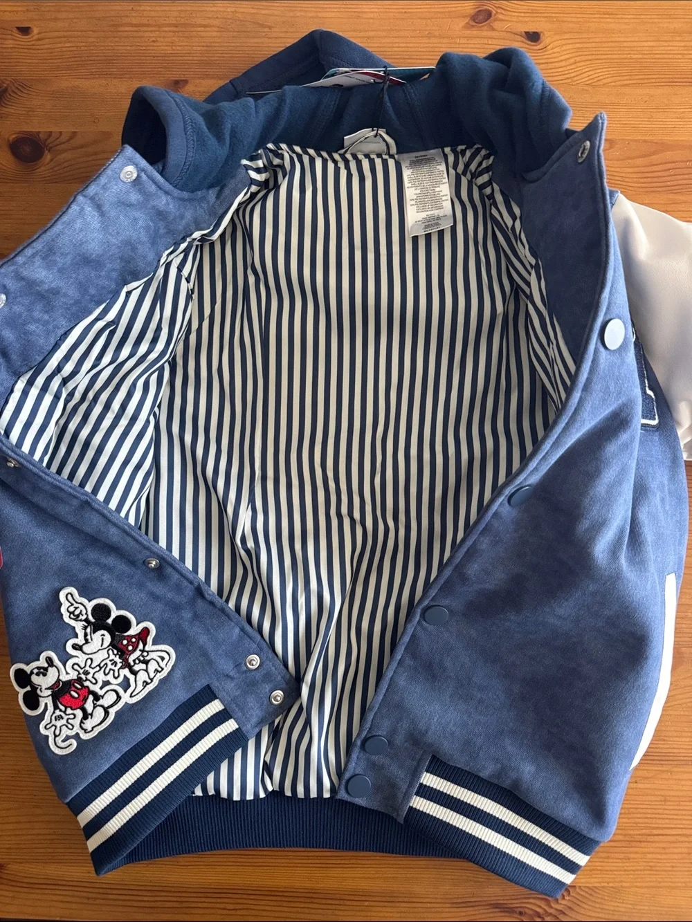 Disney Navy & White Mickey Youth Varsity Hooded Jacket with Embroidery Patches